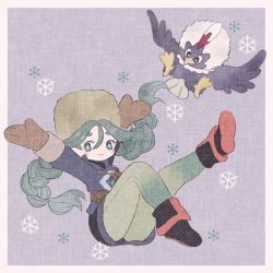 Rule 34 | 1girl, bird, black footwear, black skirt, boots, border, braid, bright pupils, brown mittens, closed mouth, commentary, creatures (company), eyelashes, fur hat, game freak, gen 5 pokemon, green eyes, green hair, green headwear, green pantyhose, grey jacket, hat, jacket, leg up, long hair, looking at viewer, mitsu (1000y comet), mittens, nintendo, pantyhose, pokemon, pokemon (creature), pokemon legends: arceus, rufflet, sabi (pokemon), skirt, smile, snowflakes, twin braids, twintails, white border, white pupils