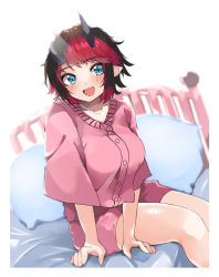 Rule 34 | 1girl, nanashi inc., :d, absurdres, alternate costume, bed, black hair, blue eyes, blush, border, breasts, commentary request, demon girl, demon horns, feet out of frame, highres, horns, large breasts, looking at viewer, multicolored hair, on bed, open mouth, pink shirt, pink shorts, pointy ears, red hair, ryugasaki rene, shirt, short hair, shorts, sitting, smile, solo, sugar lyric, two-tone hair, virtual youtuber, white border, zono (inokura syuzo029)