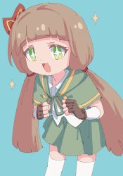 Rule 34 | 1girl, absurdres, aqua background, bent over, bow, brown hair, capelet, dot nose, fingerless gloves, foot out of frame, gloves, green capelet, green eyes, green skirt, hair bow, hair ornament, highres, leaf, leaf hair ornament, long hair, looking at viewer, low twintails, maple leaf, maplestory, open mouth, pleated skirt, red bow, rune (dualhart), shirt, skirt, sleeveless, sleeveless shirt, solo, standing, star-shaped pupils, star (symbol), symbol-shaped pupils, thighhighs, twintails, white shirt, white thighhighs
