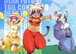 Rule 34 | 3girls, :&lt;, :3, alicia priss, ameyama denshin, animal ears, armlet, ascot, blue hair, blush, breasts, cat ears, cat tail, cleavage, copyright name, dark-skinned female, dark skin, dress, eyepatch, flare priss, flat chest, gloves, highres, little tail bronx, midriff, multicolored hair, multiple girls, navel, open mouth, red hair, short hair, shorts, siblings, sisters, smile, stare priss, tail, tail concerto, two-tone hair, white hair