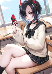 Rule 34 | 1girl, absurdres, azur lane, bare legs, black bow, black choker, black hair, black nails, black sailor collar, black skirt, black socks, bow, cellphone, choker, classroom, claw ring, closed mouth, collarbone, crossed legs, desk, ear piercing, eyes visible through hair, feet out of frame, hair over one eye, highres, horns, indoors, kneehighs, long sleeves, looking at viewer, miniskirt, nail polish, o-ring, o-ring choker, on table, paper, parted lips, pencil, phone, piercing, pleated skirt, sailor collar, school desk, school uniform, serafuku, short hair, sitting, skirt, smartphone, socks, solo, sweater, table, taotao, thighs, ulrich von hutten (azur lane), v-shaped eyebrows, white sweater, yellow eyes