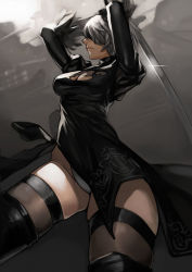 Rule 34 | 1girl, black dress, black gloves, black thighhighs, blindfold, breasts, brown thighhighs, cleavage, cowboy shot, dress, gloves, hairband, large breasts, leotard, mole, mole under mouth, nier (series), nier:automata, short hair, skindentation, skirt, solo, thighhighs, thighs, white gloves, white hair, white leotard, yomu (sgt epper), 2b (nier:automata)