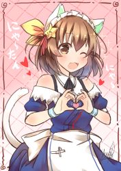 Rule 34 | 1girl, :d, absurdres, animal ears, apron, blue dress, blush, brown hair, cat ears, cat tail, character name, dress, etotama, fang, hair ornament, headdress, heart, heart hands, highres, looking at viewer, nekoshima yui, nyaa-tan, one eye closed, open mouth, short hair, smile, solo, star (symbol), star hair ornament, tail