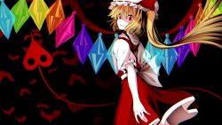 Rule 34 | 1girl, back bow, bat (animal), black background, blonde hair, bow, commentary request, cowboy shot, crazy eyes, crystal, embodiment of scarlet devil, flandre scarlet, hat, hat bow, highres, kamabokopic, laevatein (touhou), looking at viewer, looking back, mob cap, red bow, red eyes, red skirt, red vest, shaded face, side ponytail, skirt, skirt set, smile, solo, touhou, vest, white bow, white hat