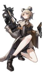 Rule 34 | 1girl, black gloves, blush, breasts, bullpup, chadlink, choker, coat, commentary request, commission, double bun, earrings, full body, girls&#039; frontline, gloves, grin, gun, hair between eyes, hair bun, highres, holding, holding gun, holding phone, holding weapon, jewelry, legs, light brown hair, medium breasts, necktie, official alternate costume, on one knee, p90, p90 (girls&#039; frontline), p90 (the girl from b.e.l) (girls&#039; frontline), personal defense weapon, phone, pixiv commission, red eyes, short hair, simple background, skirt, smile, solo, submachine gun, transparent background, trench coat, weapon