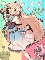 Rule 34 | 1girl, adapted costume, belt, black belt, blonde hair, blue background, blue dress, blue flower, blush, capelet, commentary request, corrupted twitter file, creature, dress, familiar, finger to cheek, floral print, flower, foot out of frame, frilled capelet, frills, gomidasu (kamitsubaki studio), green background, grey eyes, hair flower, hair ornament, hands up, highres, holding, holding microphone, index finger raised, instrument, isekai joucho, kamitsubaki studio, long hair, long sleeves, looking at viewer, microphone, multicolored background, multicolored hair, o-ring, one eye closed, open mouth, pantyhose, print pantyhose, red background, shoes, smile, solo, standing, standing on one leg, streaked hair, t masoppu, tambourine, virtual youtuber, wavy hair, white capelet, white pantyhose, yellow background