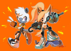 Rule 34 | 2girls, animal ears, blonde hair, blue hair, breasts, claws, cleavage, closed mouth, dark-skinned female, dark skin, formal, furry, furry female, gloves, holding, holding weapon, lemur ears, lemur girl, lemur tail, lightningstar1389, mask, multiple girls, orange background, ponytail, purple eyes, shoes, simple background, smile, sonic (series), suit, tail, tangle the lemur, v, weapon, whisper the wolf, wolf ears, wolf girl, wolf tail