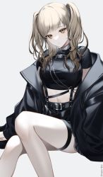 Rule 34 | 1girl, :o, artist name, belt, black shirt, black skirt, blonde hair, brown eyes, crop top, goth fashion, highres, looking at viewer, nijisanji, parted lips, shirt, short sleeves, sister claire, sister claire (9th costume), sitting, skirt, solo, suspender skirt, suspenders, thigh strap, twintails, umeno shii, virtual youtuber, wavy hair, white background