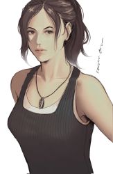 Rule 34 | 1girl, artist name, bare shoulders, breasts, brown eyes, brown hair, claire redfield, closed mouth, ericson blum, feather necklace, grey shirt, highres, jewelry, long hair, looking at viewer, medium breasts, necklace, parted bangs, ponytail, resident evil, resident evil 2, resident evil 2 (remake), shirt, shirt under shirt, solo, tank top, undershirt, upper body, white background, white shirt