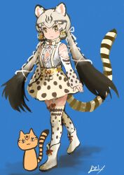 Rule 34 | 1girl, animal ears, blue background, boots, bow, bowtie, cat ears, cat girl, cat tail, extra ears, full body, garter straps, geoffroy&#039;s cat (kemono friends), green eyes, grey hair, highres, kemono friends, kemono friends v project, long hair, looking at viewer, microphone, muromitsu t2, ribbon, shirt, simple background, skirt, solo, suspenders, tail, thighhighs, twintails, virtual youtuber