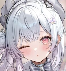 1girl ahoge aria_(ariacue) blush bow bowtie grey_bow hair_bun hair_ornament hat heart long_hair looking_at_viewer one_eye_closed pink_eyes portrait solo white_hair