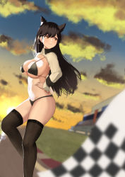 Rule 34 | 1girl, absurdres, animal ears, atago (azur lane), atago (stunning speedster) (azur lane), azur lane, bikini, black bikini, black hair, black thighhighs, blurry, blurry foreground, breasts, checkered flag, evening, extra ears, fine fabric emphasis, flag, from side, hair ribbon, hand on own hip, highres, kamino22, large breasts, leg up, long hair, looking away, looking to the side, mole, mole under eye, official alternate costume, orange eyes, race queen, ribbon, shrug (clothing), solo, standing, sunset, swimsuit, thighhighs, white ribbon, wrist cuffs