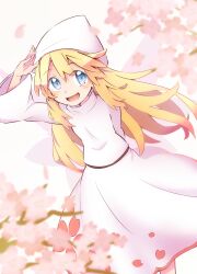 Rule 34 | 1girl, :d, absurdres, arm behind back, arm up, blonde hair, blue eyes, cherry blossoms, commentary, hair between eyes, hat, highres, light blush, lily white, long hair, long sleeves, looking at viewer, open mouth, salute, shirt, skirt, skirt set, smile, solo, touhou, white hat, white shirt, white skirt, wide sleeves, yutamaro