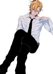 Rule 34 | 1boy, absurdres, ahoge, belt, blonde hair, chijin15, collared shirt, crossed legs, dress shirt, hand up, head tilt, highres, hypnosis mic, izanami hifumi, looking to the side, male focus, multicolored hair, necktie, pants, parted lips, shirt, sitting, smile, solo, streaked hair, yellow eyes