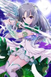 Rule 34 | 1girl, ahoge, alternative girls, angel wings, closed mouth, dress, feathers, fighting stance, full moon, hair ornament, highres, holding, holding sword, holding weapon, jewelry, kira sayuri, long hair, looking at viewer, moon, official art, purple eyes, silver hair, smile, solo, sword, weapon, white dress, white feathers, white legwear, wings