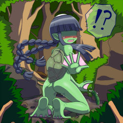 Rule 34 | !?, 1girl, ass, black hair, blush, braid, caught, colored skin, cucumber, embarrassed, forest, green skin, implied masturbation, kappa, kneeling, long hair, looking at viewer, looking back, monster girl, nature, no eyes, nollety, nude, open mouth, original, pointy ears, pov, pussy juice, shaded face, solo focus, tail, tears, tree, turtle shell, twin braids, webbed feet, webbed hands, wet