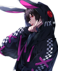 Rule 34 | 1boy, animal ears, animal hood, black hair, black hoodie, black nails, buttons, checkered clothes, cross-laced clothes, cross-laced sleeves, fake animal ears, from side, habatatsuki, highres, hood, hood up, hoodie, long hair, long sleeves, looking at viewer, male focus, nail polish, original, pink ribbon, profile, puffy long sleeves, puffy sleeves, rabbit ears, rabbit hood, red eyes, ribbon, short hair, sideways glance, simple background, solo, tongue, tongue out, turtleneck, upper body, very long hair, white background