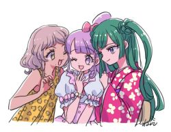 Rule 34 | 3girls, :d, animal print, bare shoulders, blue eyes, blunt bangs, bow, brown hair, closed mouth, commentary request, cropped torso, green hair, hair bow, hand up, japanese clothes, kimono, leopard print, long hair, long sleeves, looking at another, manaka non, mole, mole under mouth, multiple girls, one eye closed, open mouth, pink bow, pretty series, pripara, puffy short sleeves, puffy sleeves, purple eyes, purple hair, red kimono, rituyama1, shirt, short hair, short sleeves, side ponytail, signature, simple background, sleeveless, sleeveless shirt, smile, taiyo pepper, tan, tsukikawa chili, two side up, upper body, white background, wide sleeves, yellow shirt