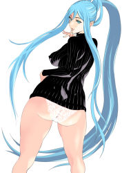 Rule 34 | 10s, 1girl, aoki hagane no arpeggio, ass, back, blue eyes, blue hair, blue nails, breasts, covered erect nipples, finger to mouth, huge ass, hyji, large breasts, long hair, looking at viewer, looking back, matching hair/eyes, nail polish, narrow waist, panties, plump, ribbed sweater, sidelocks, simple background, smile, solo, sweater, takao (aoki hagane no arpeggio), thick thighs, thighs, underwear, very long hair, white background, white panties, wide hips