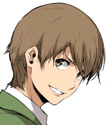Rule 34 | 1boy, absurdres, baccano!, brown eyes, brown hair, enami katsumi, eyebrows hidden by hair, firo prochainezo, from side, hair between eyes, highres, male focus, portrait, short hair, simple background, solo, white background