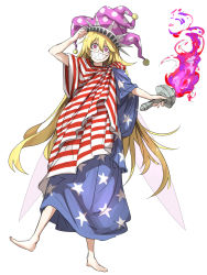Rule 34 | 1girl, adjusting clothes, adjusting headwear, american flag, bad id, bad pixiv id, barefoot, bell, blonde hair, clownpiece, crazy eyes, crazy smile, fairy wings, fire, hat, jester cap, kankan33333, pink eyes, purple fire, sharp teeth, smile, statue of liberty, teeth, torch, touhou, white background, wings