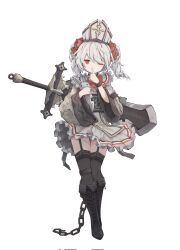 Rule 34 | 1girl, black thighhighs, dress, frilled dress, frills, grey hair, hair ornament, henzer, highres, huge weapon, one eye closed, original, red eyes, stuffed toy, thighhighs, weapon, white background