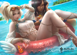 Rule 34 | 2girls, alternate costume, ancient greek clothes, artist name, bangle, bendy straw, bikini, blonde hair, blue bikini, blue eyes, bracelet, braid, breasts, cocktail, cocktail glass, cocktail umbrella, commentary, cup, dark-skinned female, dark skin, day, dress, drinking glass, drinking straw, dutch angle, emblem, eye of horus, eyewear on head, facial mark, facial tattoo, food, fruit, glass, hair tubes, head rest, high ponytail, himation, innertube, jewelry, knees together feet apart, lips, looking at viewer, medium breasts, mercy (overwatch), midriff, multiple girls, nail polish, navel, no wings, nose, ocean, orange (fruit), orange slice, outdoors, overwatch, overwatch 1, pelvic curtain, pharah (overwatch), rachta lin, reclining, see-through, shore, short hair, short sleeves, side braids, signature, splashing, swim ring, swimsuit, tattoo, toga, wet, wet clothes, white dress, winged victory mercy