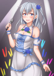 Rule 34 | 1girl, alternate costume, anti (untea9), blue dress, blush, breasts, cleavage, cowboy shot, detached collar, dress, flower, flower brooch, glowstick, hair between eyes, hair flower, hair ornament, highres, holding, holding microphone, idol, kantai collection, lights, lips, long hair, looking at viewer, microphone, one side up, open mouth, purple flower, purple rose, rose, silver hair, small breasts, smile, solo, stage, stage lights, standing, suzutsuki (kancolle), white dress