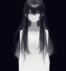 Rule 34 | 1girl, aura, bad id, bad twitter id, black background, black hair, closed mouth, completely nude, expressionless, flat chest, grey eyes, hair between eyes, hair over breasts, highres, long hair, looking at viewer, mole, mole under eye, navel, nude, original, pale skin, simple background, solo, straight-on, upper body, xoxzxox