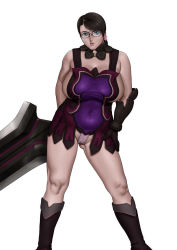 Rule 34 | 1girl, apron, armor, bare shoulders, black hair, blue eyes, boots, breasts, cattleya (queen&#039;s blade), curvy, female focus, female pubic hair, flower, glasses, gloves, hair ornament, hand on own hip, highres, hip focus, housewife, karma-laboratory, large breasts, legs, mature female, navel, panties, pubic hair, queen&#039;s blade, short hair, sideboob, solo, standing, sword, thighs, underwear, weapon, white background