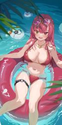 Rule 34 | 1girl, absurdres, afloat, bikini, breasts, cleavage, eyewear on head, heterochromia, highres, hololive, houshou marine, houshou marine (summer), innertube, jewelry, large breasts, long hair, necklace, o-ring, o-ring thigh strap, official alternate costume, open mouth, partially submerged, red bikini, red eyes, red hair, ruiuncle, solo, swim ring, swimsuit, thigh strap, virtual youtuber, water, wet, yellow eyes