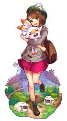 Rule 34 | 1girl, backpack, bad id, bad pixiv id, bag, bakemono, blush, boots, brown eyes, brown footwear, brown hair, cardigan, commentary request, creatures (company), dress, game freak, gen 8 pokemon, gloria (pokemon), green headwear, green legwear, grey cardigan, hat, horns, long sleeves, looking at viewer, nintendo, open mouth, pink dress, pokemon, pokemon (creature), pokemon swsh, scorbunny, sheep, short hair, smile, socks, standing, standing on one leg, tam o&#039; shanter, transparent background, wooloo