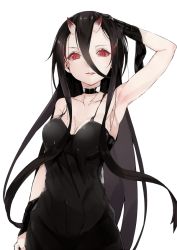 Rule 34 | 10s, 1girl, abyssal ship, akiha (attract), arm up, armpits, bad id, bad pixiv id, bare shoulders, battleship princess, black dress, black hair, breasts, choker, cleavage, dress, hair between eyes, horns, kantai collection, kskasutera, long hair, looking at viewer, parted lips, red eyes, sidelocks, simple background, skin-covered horns, solo, tongue, tongue out, white background