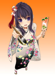 Rule 34 | 1girl, black hair, calligraphy brush, foreshortening, from above, full body, furisode, gradient background, hagoita, japanese clothes, kimono, looking at viewer, new year, open mouth, original, paddle, paintbrush, purple eyes, rabbit, sandals, simple background, solo, tabi, unasaka ryou