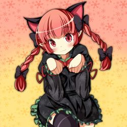 Rule 34 | 1girl, :3, animal ears, black dress, black thighhighs, blush, bow, braid, cat ears, dress, extra ears, floral print, hair bow, juliet sleeves, kaenbyou rin, long hair, long sleeves, looking at viewer, oimo (imoyoukan), paw pose, pointy ears, puffy sleeves, red eyes, red hair, solo, thighhighs, touhou, twin braids, zettai ryouiki