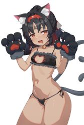 Rule 34 | 1girl, absurdres, animal hands, bell, black fur, black hair, black panties, blush, breasts, cat lingerie, cat paws, cat tail, cleavage, commentary, dark skin, dot nose, drooling, fake claws, hair intakes, hairband, highres, jingle bell, long hair, looking at viewer, meme attire, n3moni, neck bell, nekomiya mana, open mouth, panties, red eyes, red hairband, simple background, small breasts, smile, solo, tail, tan, underwear, white background, zenless zone zero