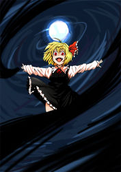 Rule 34 | 1girl, bad id, bad pixiv id, blonde hair, darkness, embodiment of scarlet devil, fangs, female focus, hair ribbon, outstretched arms, red eyes, ribbon, rumia, short hair, solo, spread arms, touhou, tsuttsu