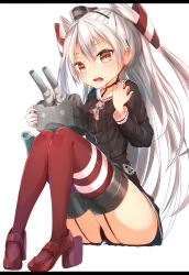 Rule 34 | 10s, 1girl, amatsukaze (kancolle), black panties, blush, brown hair, choker, dress, hair tubes, headgear, kantai collection, letterboxed, looking at viewer, neckerchief, open mouth, panties, pantyshot, red footwear, red thighhighs, rensouhou-kun, sailor collar, sailor dress, shoes, short dress, silver hair, simple background, sitting, striped clothes, striped thighhighs, sune (mugendai), suneo, thighhighs, two side up, underwear, white background