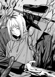 Rule 34 | 1boy, 1girl, arm around neck, black coat, chainsaw man, coat, facing to the side, greyscale, hat, highres, hood, hoodie, katana, katana man (chainsaw man), looking at viewer, military hat, monochrome, multicolored hair, riki (riki unc), roots (hair), sawatari akane (chainsaw man), scene reference, short hair, simple background, slit pupils, sword, teeth, weapon, white background, white hair