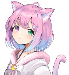 Rule 34 | 1girl, absurdres, ahoge, anbasa (amaneyuz13), animal ears, blue hair, blush, candy hair ornament, cat ears, cat girl, cat tail, commentary request, food-themed hair ornament, fur trim, gradient hair, green eyes, hair ornament, heterochromia, highres, himemori luna, himemori luna (sundress), hololive, looking at viewer, multicolored hair, parted lips, pink hair, purple eyes, short hair, simple background, solo, tail, tail raised, upper body, virtual youtuber, white background