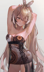 Rule 34 | 1girl, absurdres, ahoge, armpits, arms up, breasts, brown eyes, brown hair, closed mouth, commission, cowboy shot, dress, feather hair ornament, feathers, grey background, hair ornament, hairclip, highres, hololive, hololive english, long hair, medium breasts, nanashi mumei, one eye closed, pixiv commission, ponytail, short dress, simple background, smile, solo, sooon, strapless, strapless dress, taut clothes, taut dress, thighs, very long hair, virtual youtuber