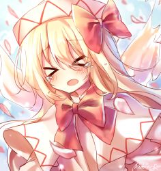 Rule 34 | &gt; &lt;, 1girl, artist name, bad id, bad pixiv id, blonde hair, blush, bow, bowtie, capelet, crying, dress, fairy wings, hair between eyes, hat, hat bow, highres, light particles, lily white, long hair, open mouth, outdoors, petals, pudding (skymint 028), red bow, red bowtie, signature, sky, solo, tears, touhou, upper body, white capelet, white dress, white hat, white sleeves, wings