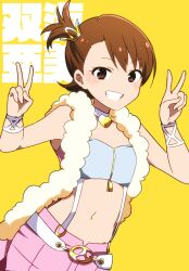 Rule 34 | 1girl, bare shoulders, belt, belt buckle, blue tube top, blush, breasts, brown eyes, brown hair, buckle, character name, choker, dot nose, double v, fur-trimmed jacket, fur trim, futami ami, grin, hair ornament, hands up, heart, heart choker, idolmaster, idolmaster (classic), idolmaster million live!, idolmaster million live! theater days, jacket, kidachi, looking at viewer, midriff, navel, open clothes, open jacket, pink diamond 765 (idolmaster), pink jacket, pink shorts, short hair, shorts, side ponytail, simple background, small breasts, smile, solo, strapless, suspender shorts, suspenders, tube top, v, white belt, white choker, white wristband, yellow background, zipper, zipper pull tab