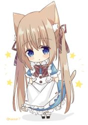 Rule 34 | 1girl, animal ear fluff, animal ears, apron, bad id, bad pixiv id, black footwear, blue dress, blue eyes, blush stickers, bow, brown bow, brown hair, brown ribbon, cat ears, cat girl, cat tail, closed mouth, commentary request, diagonal stripes, dress, full body, hair between eyes, hair ribbon, highres, long hair, maid, maid apron, nakkar, original, puffy short sleeves, puffy sleeves, ribbon, shadow, short sleeves, skirt hold, socks, solo, standing, star (symbol), starry background, striped, striped bow, tail, twintails, twitter username, very long hair, white apron, white background, white socks