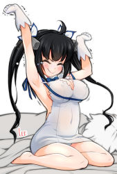 Rule 34 | 10s, 1girl, arm ribbon, armpits, arms up, bell cranel, black hair, blush, bow, breasts, cleavage, cleavage cutout, clothing cutout, covered navel, dress, dungeon ni deai wo motomeru no wa machigatteiru darou ka, covered erect nipples, closed eyes, gloves, hair ornament, hair ribbon, hestia (danmachi), large breasts, lee (colt), long hair, looking at viewer, rei no himo, ribbon, silver hair, stretching, tears, twintails, white dress, white gloves