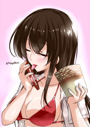 Rule 34 | 10s, 1girl, akagi (kancolle), bikini, bikini top only, blush, breasts, brown hair, cleavage, closed eyes, haagen-dazs, hat, kantai collection, large breasts, long hair, mikage takashi, open clothes, open mouth, open shirt, red bikini, sexually suggestive, shirt, smile, solo, swimsuit, tongue, tongue out, twitter username, upper body
