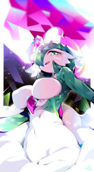 Rule 34 | 1girl, aloe (kenkou3733), breasts, commentary request, creatures (company), game freak, gardevoir, gen 3 pokemon, green eyes, green hair, hair over one eye, highres, large breasts, looking at viewer, navel, nintendo, open mouth, pokemon, pokemon (creature), smile, solo, terastallization