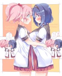 Rule 34 | !, &gt; &lt;, 2girls, blue eyes, blue hair, blush, breasts, brown eyes, character name, chibi, closed mouth, dress, closed eyes, facing another, furutani himawari, hair bobbles, hair ornament, hairband, hands on another&#039;s shoulders, highres, kiss, large breasts, looking at another, multiple girls, nanamori school uniform, parted lips, pink hair, school uniform, short dress, short hair, smile, spoken exclamation mark, takahero, thought bubble, translation request, yoshikawa chinatsu, yuri, yuru yuri