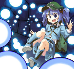Rule 34 | &gt;:), 1girl, :d, backpack, bag, blue eyes, blue hair, blush, boots, danmaku, female focus, hair bobbles, hair ornament, kawashiro nitori, key, matching hair/eyes, no nose, open mouth, outstretched arms, outstretched hand, randoseru, short hair, smile, solo, spread arms, touhou, twintails, two side up, v-shaped eyebrows, yudepii
