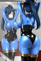 Rule 34 | 1girl, adjusting hair, arms behind head, ass, backboob, black gloves, black leotard, black thighhighs, blu pyro (tf2), blue bodysuit, blue eyes, blue hair, bodysuit, breasts, closed mouth, commentary, commission, english commentary, female focus, genderswap, genderswap (otf), gloves, highres, huge ass, large breasts, latex, leotard, lindaroze, long hair, mirror, ponytail, pyro (tf2), reflection, smile, solo, standing, team fortress 2, thick thighs, thighhighs, thighs, two-tone bodysuit, zipper